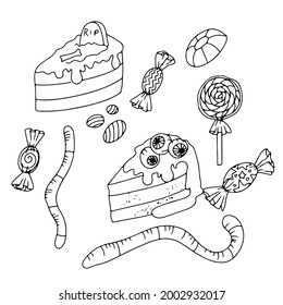 Sweets. A set of items for Halloween. Coloring. Gloomy Doodles. Vector illustration isolated on white background