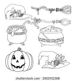 Sweets. A set of items for Halloween. Coloring. Gloomy Doodles. Vector illustration isolated on white background