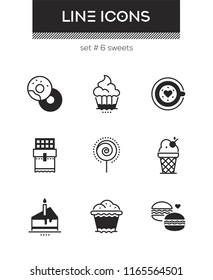 Sweets - set of line design style icons isolated on white background. High quality images for a cafe, restaurant, shop. Donuts, cupcake, coffee, ice cream, lollipop, muffin, cake, chocolate, macarons