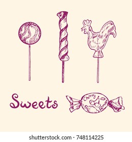 Sweets set, lollipops, hand drawn doodle, simple sketch in pop art style, vector purple outline