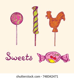 Sweets set, lollipops, hand drawn doodle, simple sketch in pop art style, vector color illustration