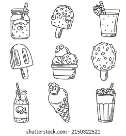 Sweets set outline. Ice cream, milkshakes, lemonade.