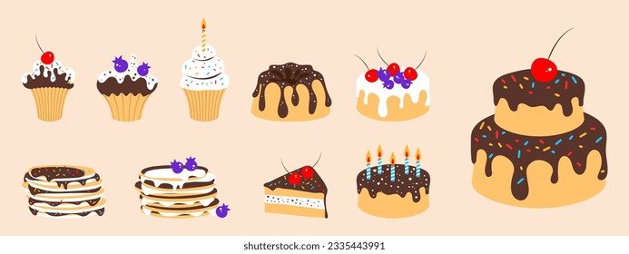 Sweets set. Piece of cake, cake, bundt cake, pancake, cupcake, with berries, cherries, blueberries, . Vector illustration in cartoon style. Minimalism.