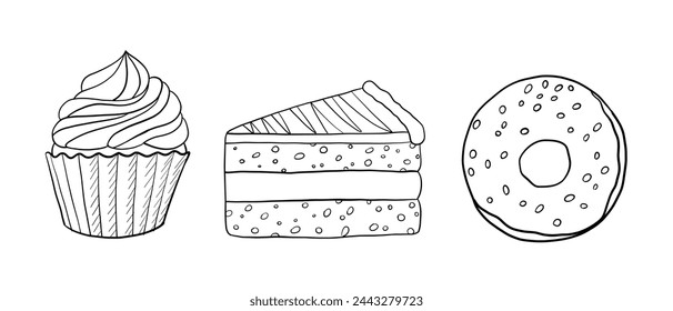 Sweets set vector icons hand drawn doodle. Dessert illustrations cake, cupcake, donut