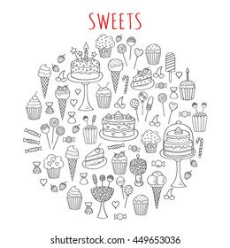 Sweets set  vector icons hand drawn doodle. Dessert illustrations pastries, birthday cake, cupcake, ice cream, candy, lollipop, chocolate isolated .