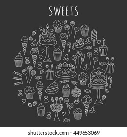 Sweets set  vector icons hand drawn doodle. Dessert illustrations pastries, birthday cake, cupcake, ice cream, candy, lollipop, chocolate isolated .