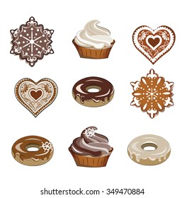 Sweets set for winter season with cupcakes, gingerbread cookies and donuts. Vector