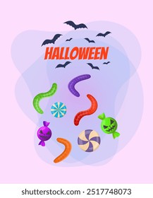 Sweets in shape of worm for Halloween treats. Halloween lettering with flying bats on abstract background. Celebration, party concept. Vector illustration for invitation, banner or poster