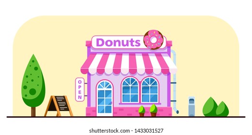 Sweets shop building design. Signboard with big donut. City cafe. Street landscape. Flat style illustration.