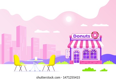 Sweets shop building design. Signboard with big donut. City street cafe with big city silhouette on background. Flat style illustration.