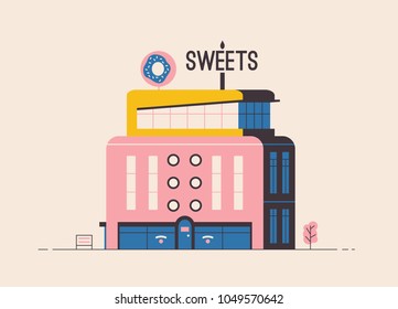 Sweets shop building. Flat vector illustration. Outdoor facade