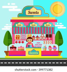 Sweets shop or city cafe with sweets in a flat landscape. 