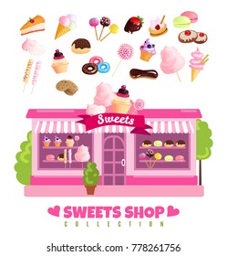 Sweets shop collection design concept with storefront and baked dessert products set isolated vector illustration 