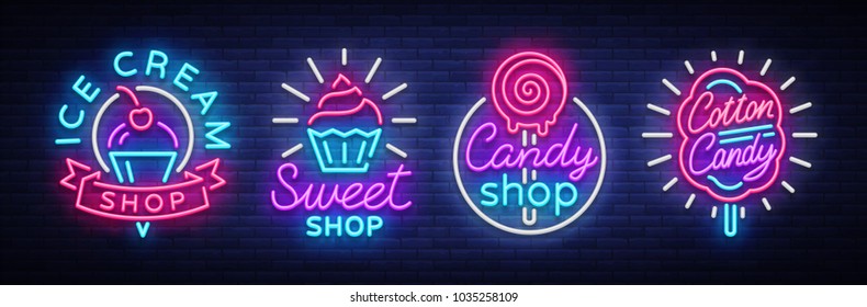 Sweets Shop is collection logos of neon style. Ice cream shop, Cotton Candy. Candy shop collection neon signs, light banner, bright neon sweetening advertisement. Design template. Vector illustration