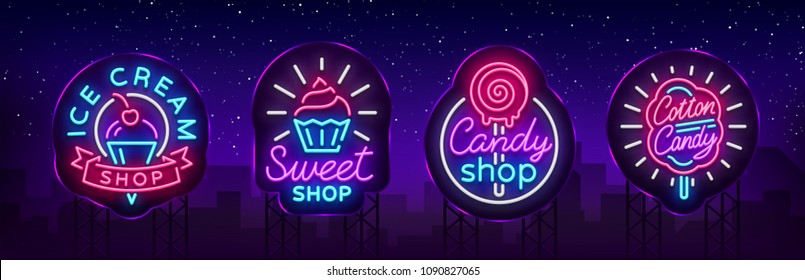 Sweets Shop is collection logos of neon style. Ice cream shop, Cotton Candy. Candy shop collection neon signs, light banner, bright neon sweetening advertisement. Design template. Vector Billboards