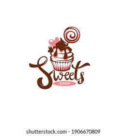 sweets shop logo with cupcake vector image and calligraphy composition