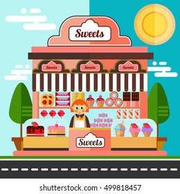 Sweets shop with seller girl flat landscape
