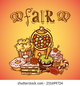 Sweets sketch fair background with popcorn candies chocolate ice cream vector illustration