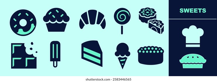 Sweets SOLID icon set for logo and digital work. Sweets icons of doughnut, lollipop, croissant, chocolate, popsicle, cake, pie, chef hat. Editable elements, size and color.