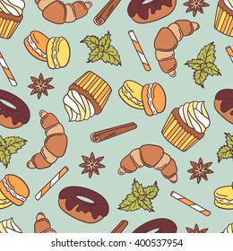 Sweets and spices icons hand drawn seamless pattern. Colorful background with set of confectionery. Backdrop with cupcakes, macaroon and donuts. Decorative wallpaper, good for printing