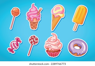 Sweets stickers. Candies, cakes and ice cream illustrations. Vector stickers collection