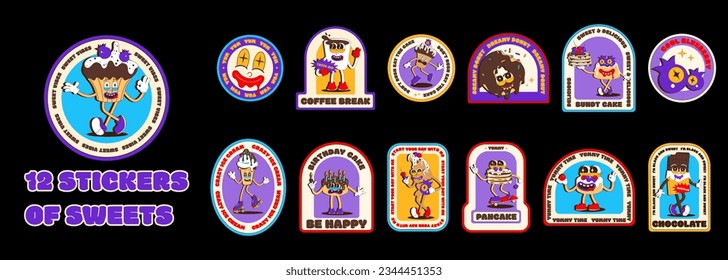 Se ponen pegatinas dulces. Graciosos personajes de comida dulce. Pegatinas de mascota con caras graciosas. Ilustración vectorial en el estilo retro psicodélico de dibujos animados.