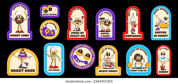 Sweets stickers set. Funny sweet food characters. Mascot stickers with funny faces. Vector illustration in cartoon psychedelic retro style.