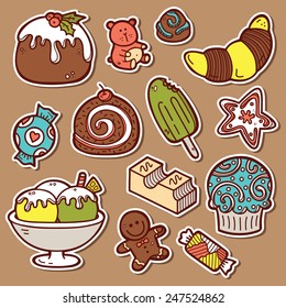 sweets stickers set. Second part of vector doodle collection of hand drawn sweets  icons 