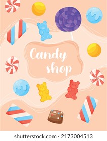 Sweets store poster. Advertising banner for sweets shop, internet promotion and online marketing. Wallpaper with candies and lollipops, cupcakes and gummy bears. Cartoon flat vector illustration