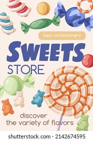 Sweets store poster template with candies, lollipops, bonbons, caramels, gummy bears background. Vertical ad card design with yummy sweeties, lollypops for sugar shop. Flat vector illustration