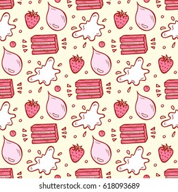 Sweets. Strawberry Bubble Gum Seamless pattern. Hand Drawn Doodle Chewing Gums. Vector illustration