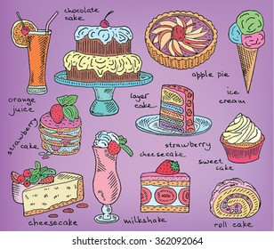 sweets, strawberry cake, cheesecake, orange juice, roll cake, milkshake, strawberry cheesecake, sweet cake, ice cream, chocolate cake, apple pie, layer cake