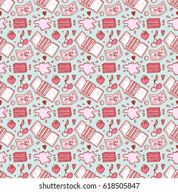 Sweets. Strawberry and Cherry Chewing Gum Seamless pattern. Hand Drawn Doodle Bubble Gums. Vector illustration