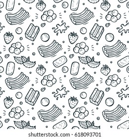 Sweets. Strawberry  and Mint Bubble Gum Seamless pattern. Hand Drawn Doodle Chewing Gums.Black and White Vector illustration