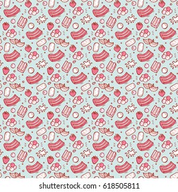 Sweets. Strawberry and Mint Bubble Gum Seamless pattern. Hand Drawn Doodle Chewing Gums. Vector illustration