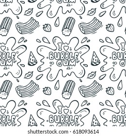 Sweets. Strawberry and Watermelon Bubble Gum Seamless pattern. Hand Drawn Doodle Chewing Gums. I love bubble gum. Black and White Vector illustration