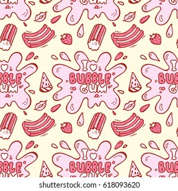 Sweets. Strawberry and Watermelon Bubble Gum Seamless pattern. Hand Drawn Doodle Chewing Gums. I love bubble gum. Vector illustration