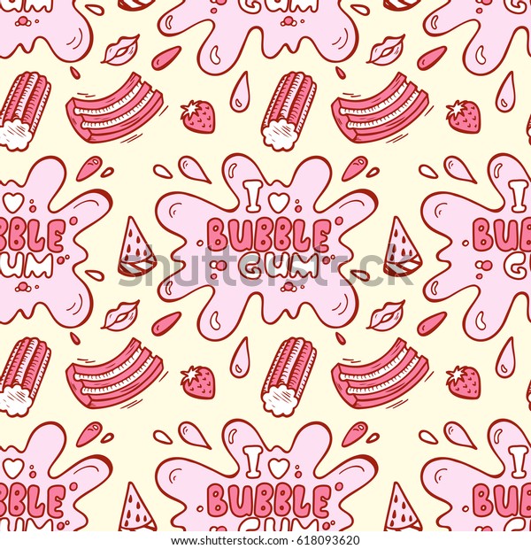 Sweets. Strawberry and Watermelon Bubble Gum Seamless pattern. Hand