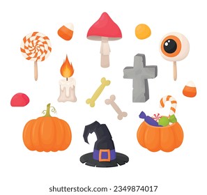 Sweets such as candies and caramels, eyeball lollipop, candle with stone cross, pumpkin and witch hat and bones
