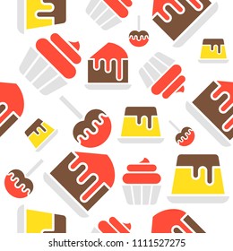 sweets such as pudding, lollipop,cake and cupcake, colorful seamless pattern