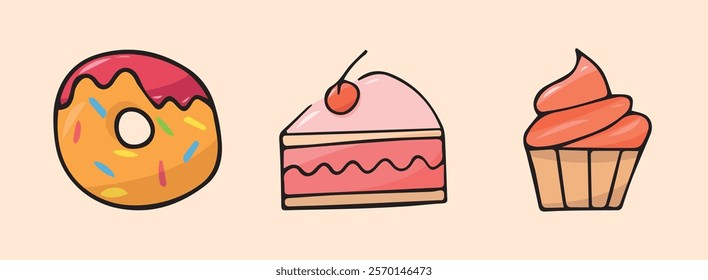 sweets. sweet food. colored icons on the theme of sweets. candy. ice cream. vector. doodle. a set of goodies. a template for creating a poster. cake. a cupcake. hats made of cream.