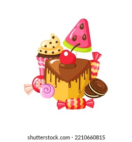 sweets. tasty delicious food cupcakes muffins sweets biscuits. Vector snacks illustrations