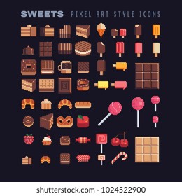 Sweets tasty food pixel art icon set. Baked and coffee. Design sticker, logo bakery. Chocolate donut, wafer, berries, cake, biscuits, croissant, candy and cookies isolated vector illustration. 8-bit.