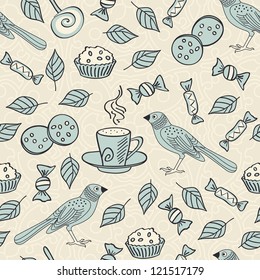 Sweets and tea background with birds. Vector illustration.