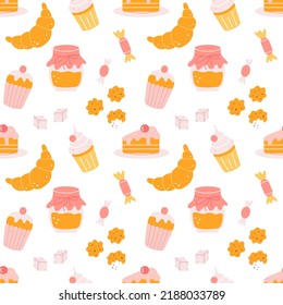 Sweets for tea or coffee. Cupcakes, candies, cookies. Vector seamless pattern.