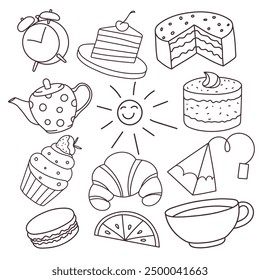 Süßigkeiten für Tee oder Kaffee, handgezeichnet im Doodle-Stil, Kuchen und Gebäck zum Nachtisch. Cartoon Food Icons.