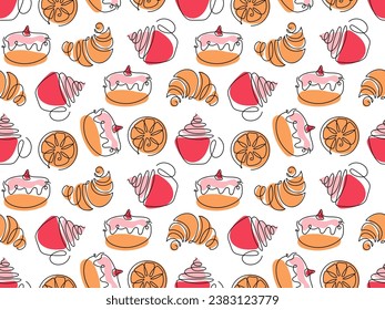 Sweets for tea party. Hot drink cup, lemon, cake. Seamless pattern. Lineart vector illustration with sweets for tea. Doodle coffee cap, donut background for wallpaper, wrapping, textile, scrapbooking.