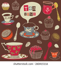 Sweets and tea. Vector illustration.