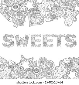 Sweets text composed of gingerbread cookies. Christmas lettering. Vector illustration in hand draw style isolated on white background. Design for coloring book page, invitation card, poster, print.
