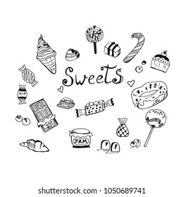 sweets theme in sketch, hand drawn vector illustration 